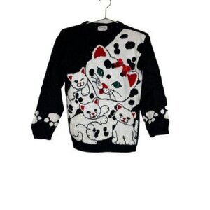 Vintage Jet Set Sweater Cat Kitten Print 80's Medium Bow Girls USA